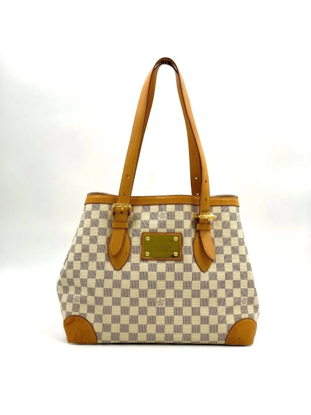 Louis Vuitton Hampstead MM Damier Azur Leather White Light Brown Tote Gold